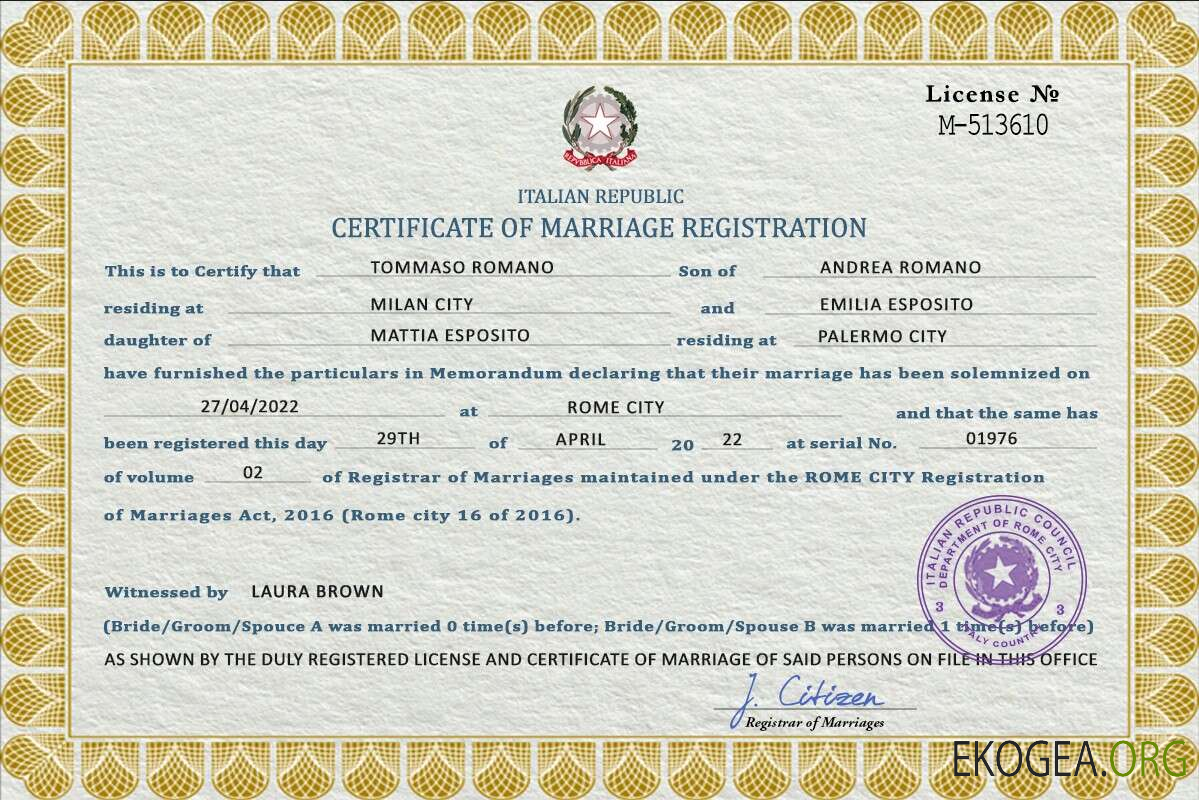 Modèle PSD de certificat de mariage en Italie